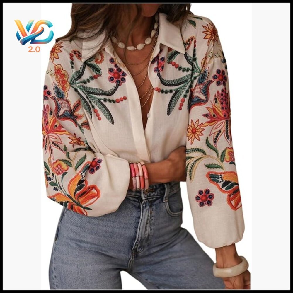 Lantern Sleeve Button Down Blouse, Tropical Floral Print, Boho Dressy Top